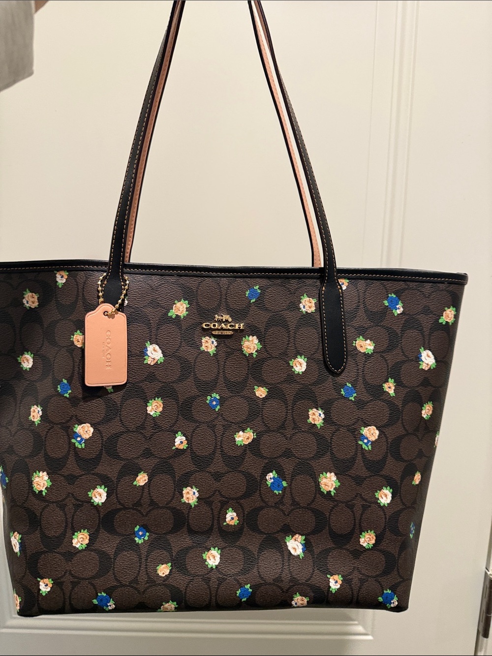 Coach Brown Signature Floral Tote with Pink Tag